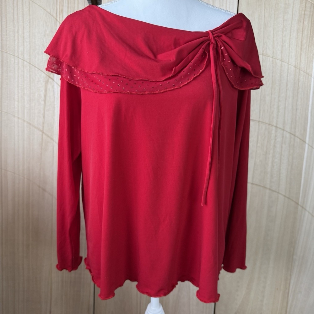 Vintage 90s Y2K I.N. Studio Red Off Shoulder Bow Top Glitter Mesh Lettuce Trim